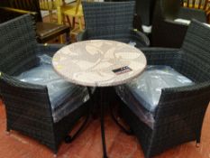 Parcel of three as new two tone rattan patio chairs and a circular 'Werzalit' metal based table