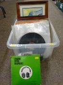 Box of various LP records, Diamonique stereo headphones and sundry prints