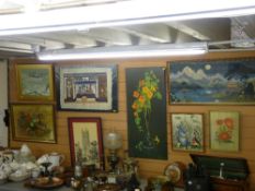 Quantity of prints, papyrus, framed woolwork pictures etc