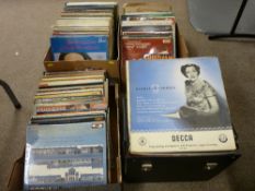 Three boxes and a vintage case of records, mainly classical, easy listening and Welsh