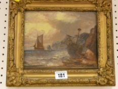 Unsigned antique oil on canvas - beached boat and a yacht at sea, 15 x 19 cms, in a good gilt frame