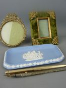 Tray of mixed collectables including portrait frames, Jasperware, pens etc