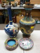 Two non-matching cloisonne vases, cloisonne pin dish and similar