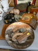 Parcel of treen to include bellows inscribed 'H M Evans' etc