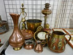 Parcel of brass and copper including two oil lamps, bedwarmer and similar items