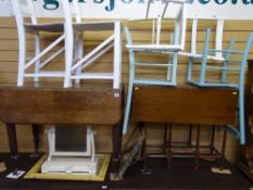 Two mahogany drop leaf tables, five painted chairs, painted swing toilet mirror and two framed