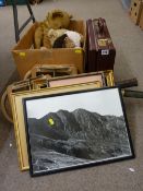 Box of vintage soft toys, two vintage tennis racquets and a parcel of prints and paintings etc