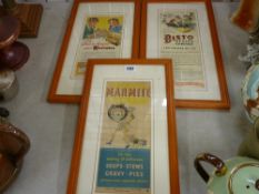 Three framed vintage advertising prints for Marmite, Weetabix and Bisto