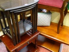 Velour upholstered stool, tapestry topped footstool, two tier single drawer side table, nest of