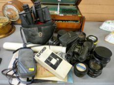 Parcel of photographic equipment, two pairs of binoculars, one by Miranda, camera lenses by G