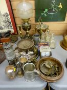 Collection of silver plate to include miner's lamp, a pair of brass candlesticks and a vintage oil