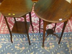 Two polished wood side/occasional tables, one hexagonal topped with square lower shelf, the other
