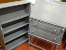 Vintage two drawer writing bureau and a compact five shelf bookcase, modernized and painted in a