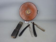 Vintage items - leather bound surveyor's tape measure and cut-throat razors
