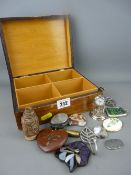 Wooden box containing quantity of mixed collectables, whistle, trinkets etc