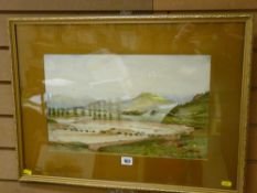 J A A BERRIE watercolour - winding estuary with mountains to the background, 28 x 45 cms