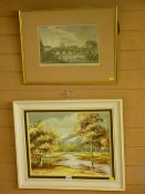 Vintage print of a Continental city and JANET ROBERTS oil on board - snowcapped mountain and river