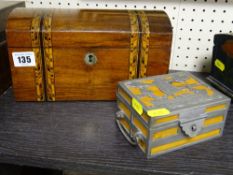 Inlaid dome topped tea caddy and an interesting Oriental trinket box