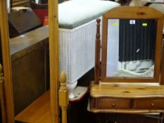 Pine cheval mirror, pine two drawer dressing table mirror and a white finished loom style ottoman