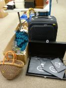 Vintage wicker basket, two brand new camouflage anoraks, collection of Georg Jensen gift bags,