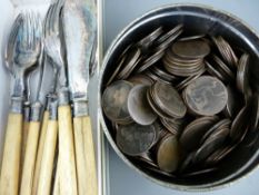 Tin of bronze coinage and a quantity of bone handled flatware