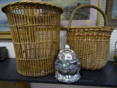 Two vintage wicker baskets and a Buddha ornament