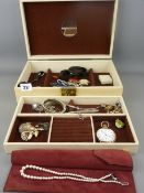 Jewellery box with mixed contents included simulated pearls, rolled gold pocket watch etc