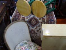 Modern light wood drop leaf kitchen table, two painted stools and a multi-coloured carpet runner