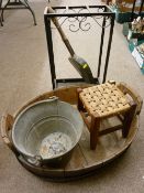 Vintage barrel/trough, small galvanized bucket, wrought iron stick stand, small string topped