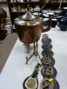 Vintage copper kettle on stand with acorn knop, horse brasses etc
