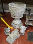 Reconstituted stone two piece garden urn ornament and three other reconstituted stone garden