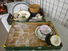 Two good boxes of cut and other glassware, pottery, Schucco clockwork car etc