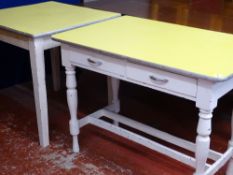 Two formica topped side tables with white painted bases