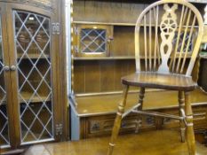 Polished wood and carved twin door lead glazed corner cupboard, polished wood dresser with lead