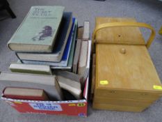 Parcel of vintage books and a cantilever haberdashery box with contents