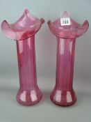 Pair of cranberry glass 'Jack in the Pulpit' vases