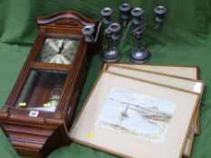 Pair of white metal candelabra, modern Vienna type wall clock, trio of watercolours by J LAMONT etc