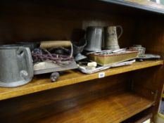 Parcel of electroplate, pewter, desk stand and an old iron