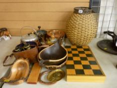 Two vintage coffee grinders, copper pan, leather cased field binoculars etc