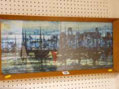 H P THOMSEN watercolour - harbour scene with buildings to the background, 23 x 56 cms