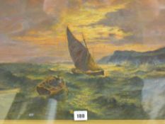 D J M oil on canvas - rowing boat and yacht in rough seas, 30 x 50 cms