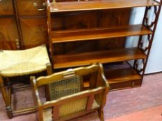 Bergere magazine rack, string topped stool and four wall hanging shelves with pierced sides and