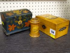 Three items of treen including a mauchline needle container