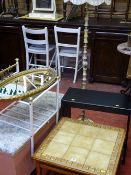 Faux brass and onyx standard lamp and shade, tiled top coffee table, metal and glass side table,