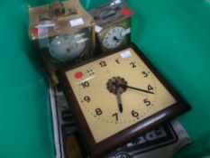 Two vintage mantel clocks together with a square faced wall clock