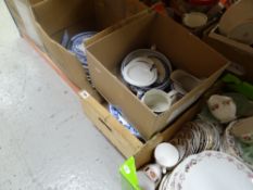 Four boxes of mixed china including blue & white dinnerware, Colclough, various patterned teaware