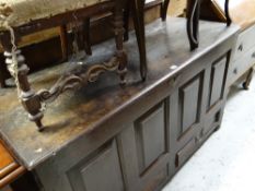 An antique oak coffer chest (distressed) and three antique chairs