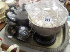 EPNS twin-handled galleried tray, rose bowls, teaware, two small hallmarked silver cruets