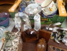 Parcel of mixed china including Lladro bird figures, Nao, Staffordshire pastille burners, wooden