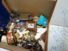 A blue shoe box containing small collectables including watches ETC